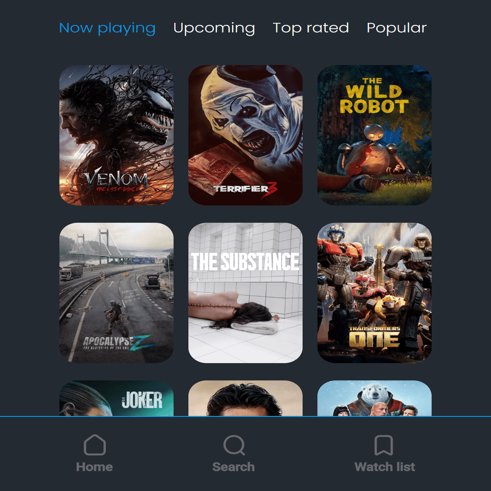 Movie website category showcase