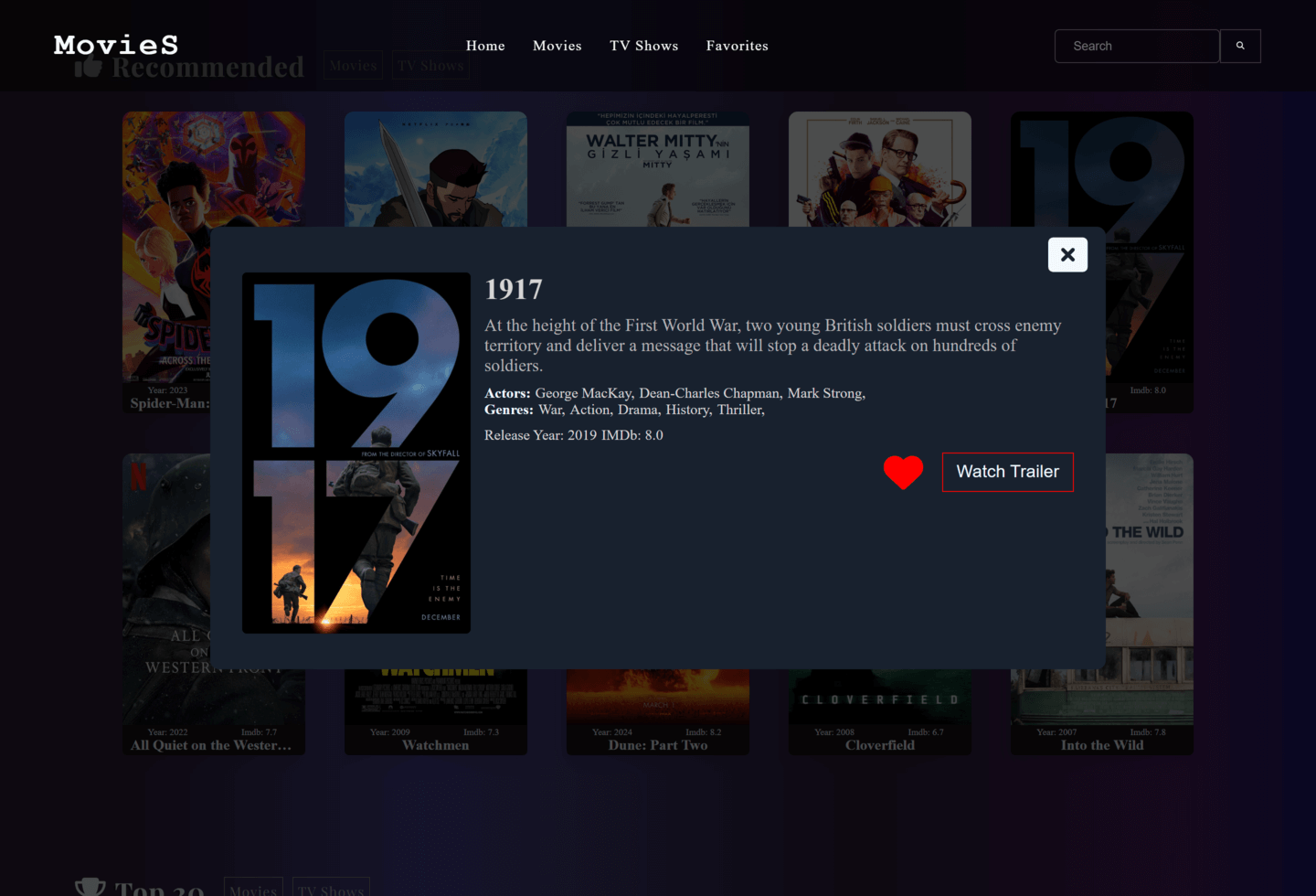 Movie detail popup overlay